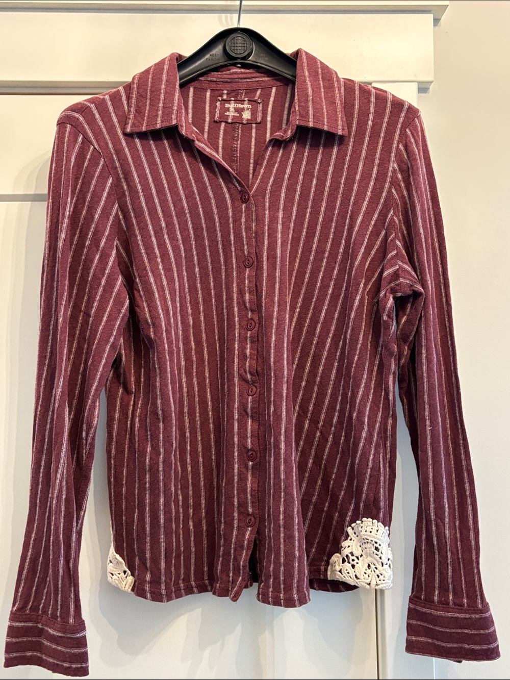 Ruff Hewn Burgundy and White Striped Button-Front Shirt